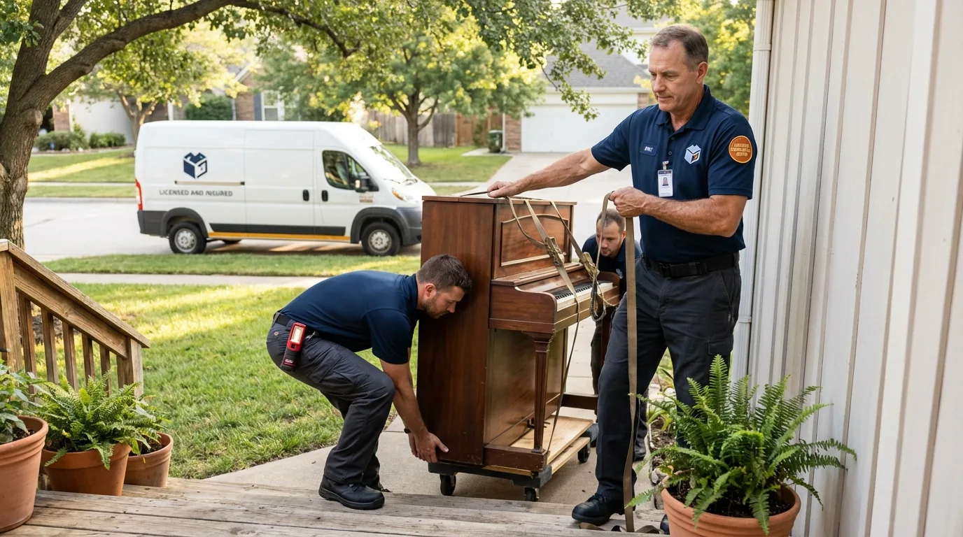 Licensed piano movers securing grand piano in Munster, IN